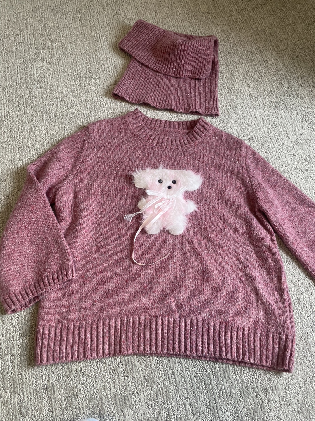 Pink Knit Sweater with Teddy Bear Appliqué and Matching Scarf - photo 4