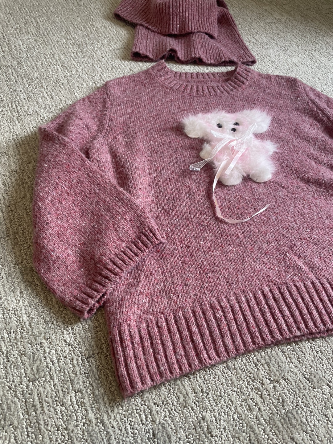 Pink Knit Sweater with Teddy Bear Appliqué and Matching Scarf - photo 2