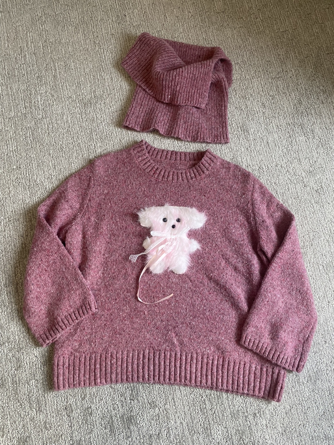 Pink Knit Sweater with Teddy Bear Appliqué and Matching Scarf