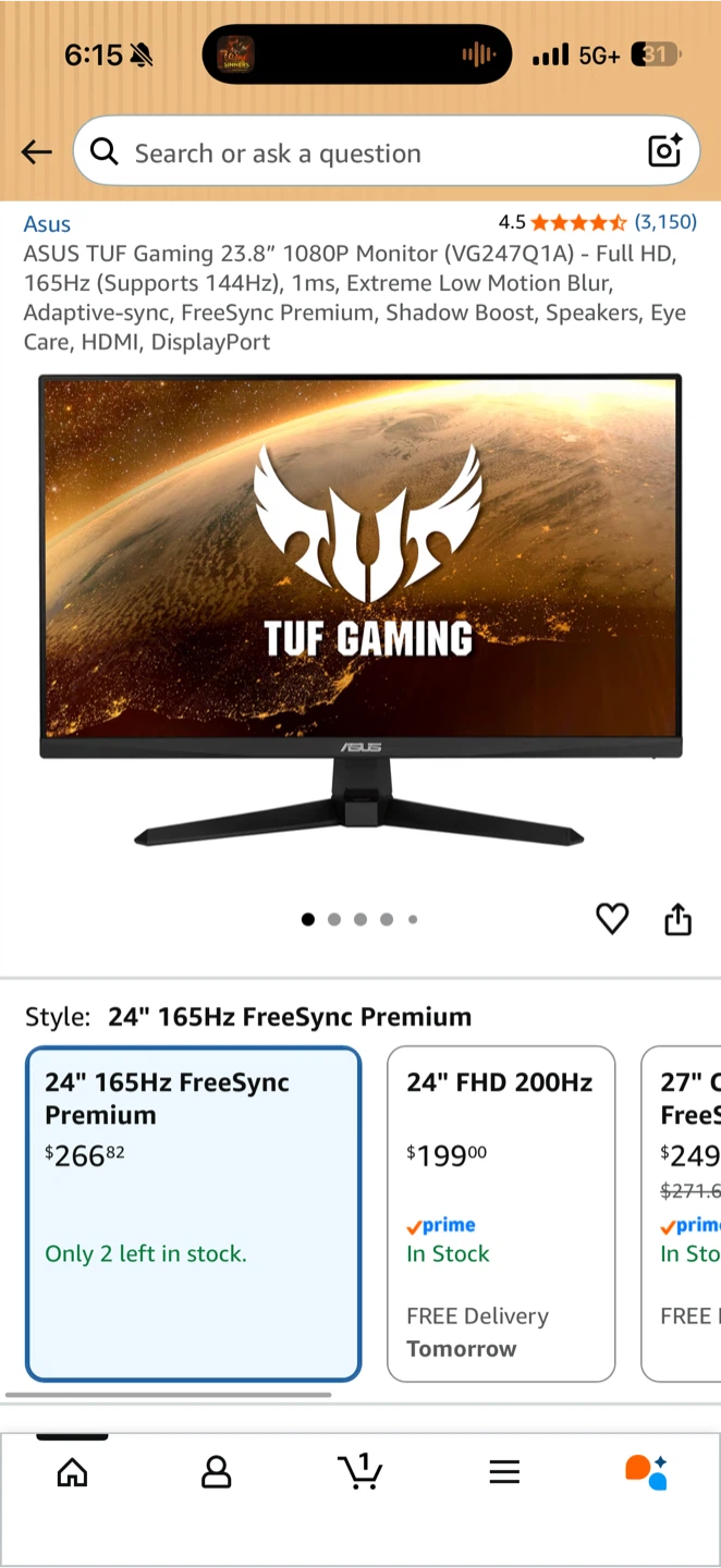 ASUS TUF Gaming 24” Monitor - Full HD, 165Hz (Supports 144Hz)