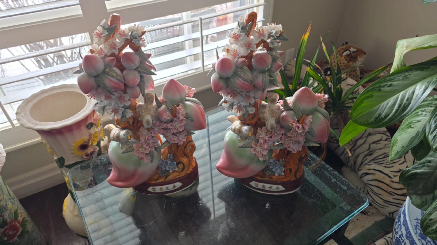 Set of 2 Ceramic Peaches and Birds Figurines