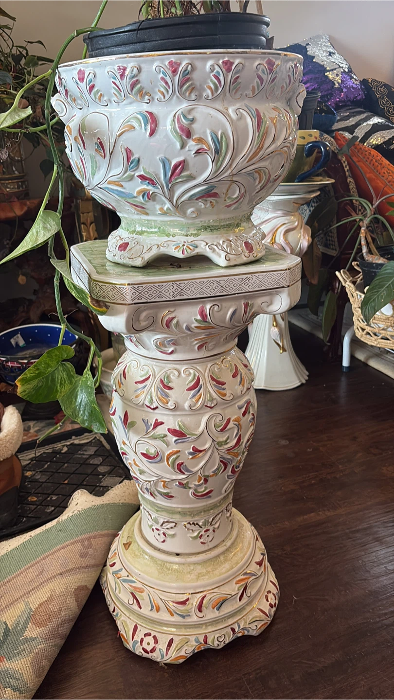 Decorative Ceramic Pedestal Stand with Floral Accents