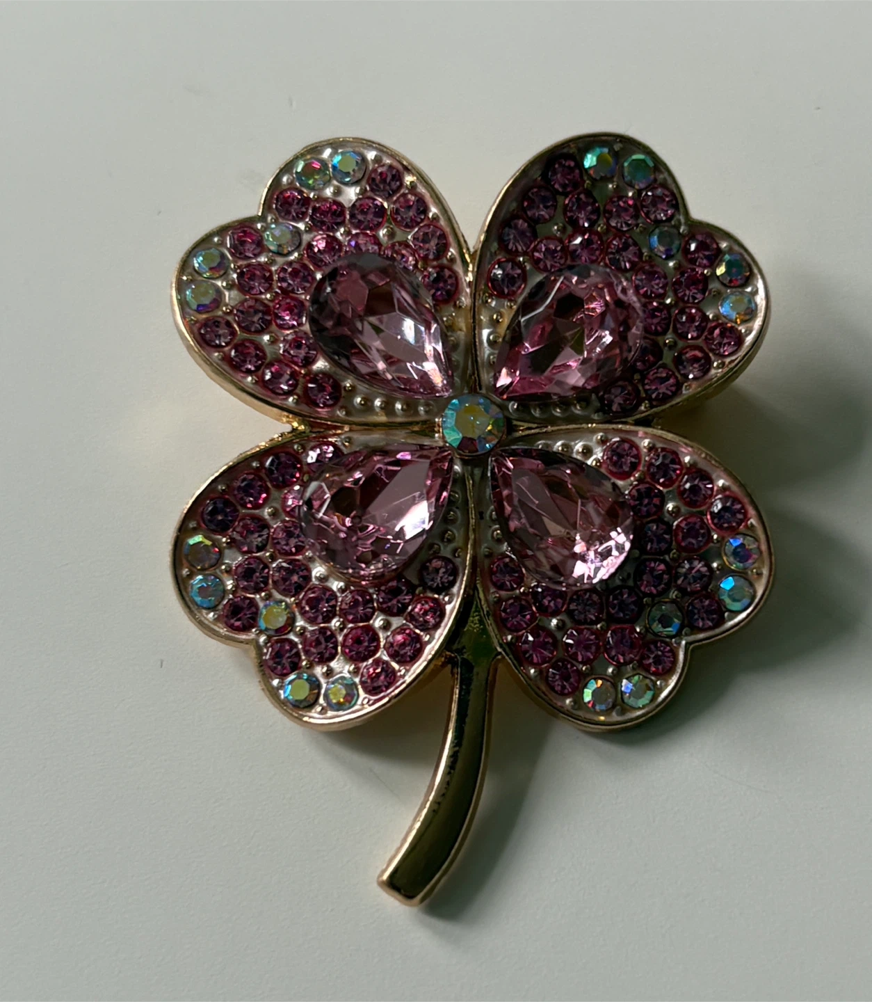 Sparkly Pink Four-Leaf Clover Brooch