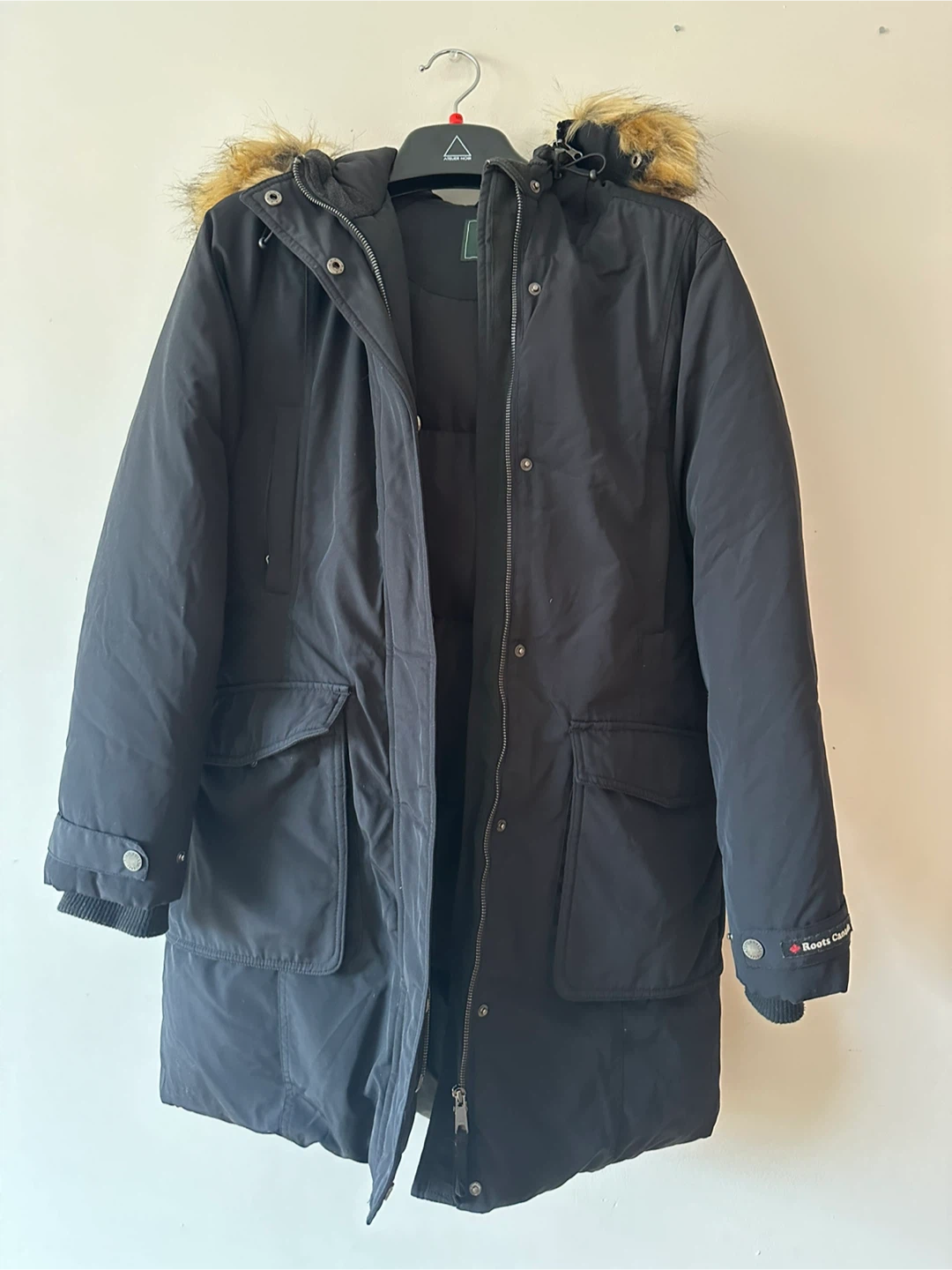 Roots Canada Black Parka Coat with Fur Hood