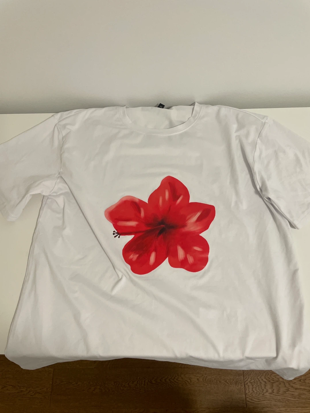 White T-Shirt with Red hibiscus Graphic