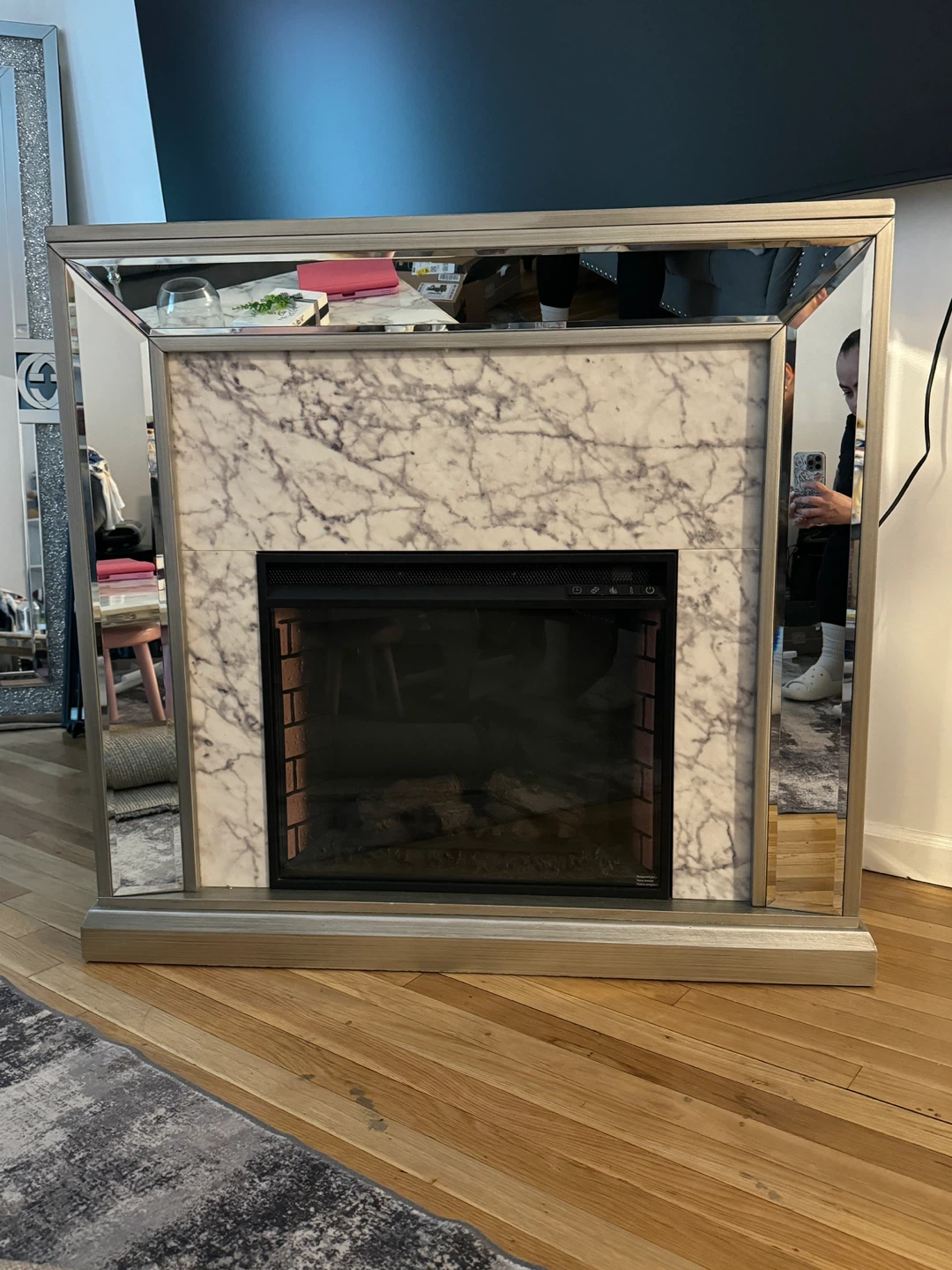 Mirrored Faux Marble Electric Fireplace - photo 2