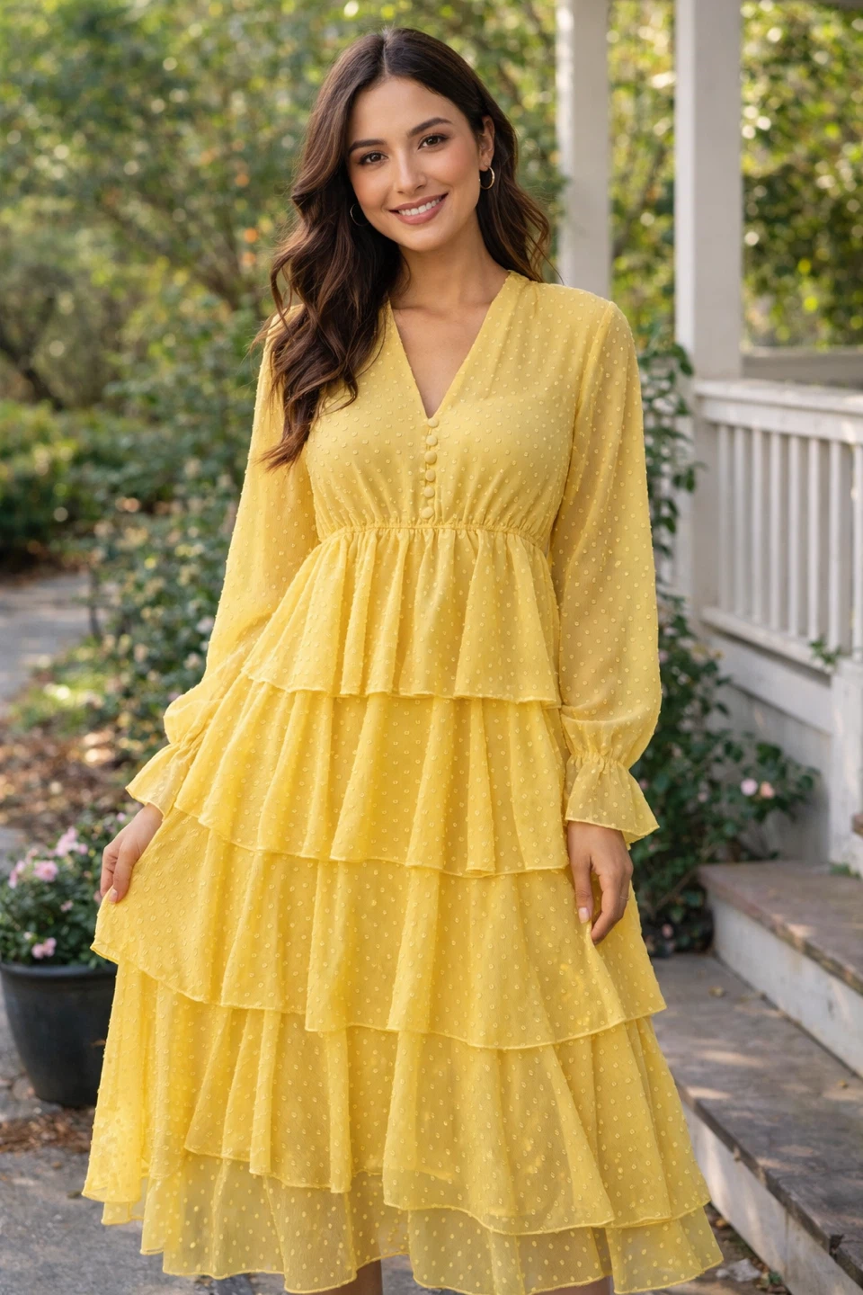 Yellow Tiered Ruffle Dress with Polka Dots