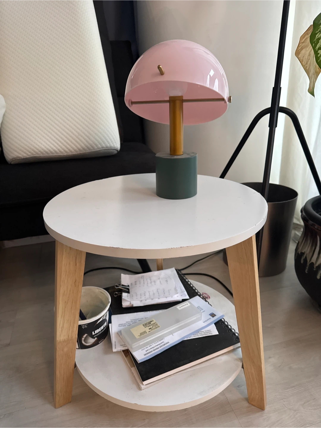Side Table & Pink Dome Table Lamp
