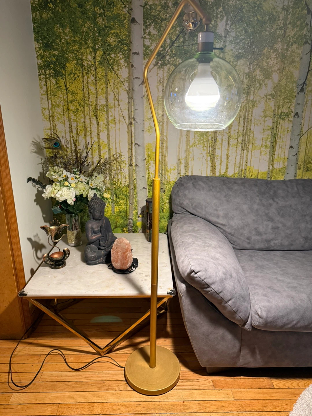 Modern Gold Arc Floor Lamp with Glass Globe Shade