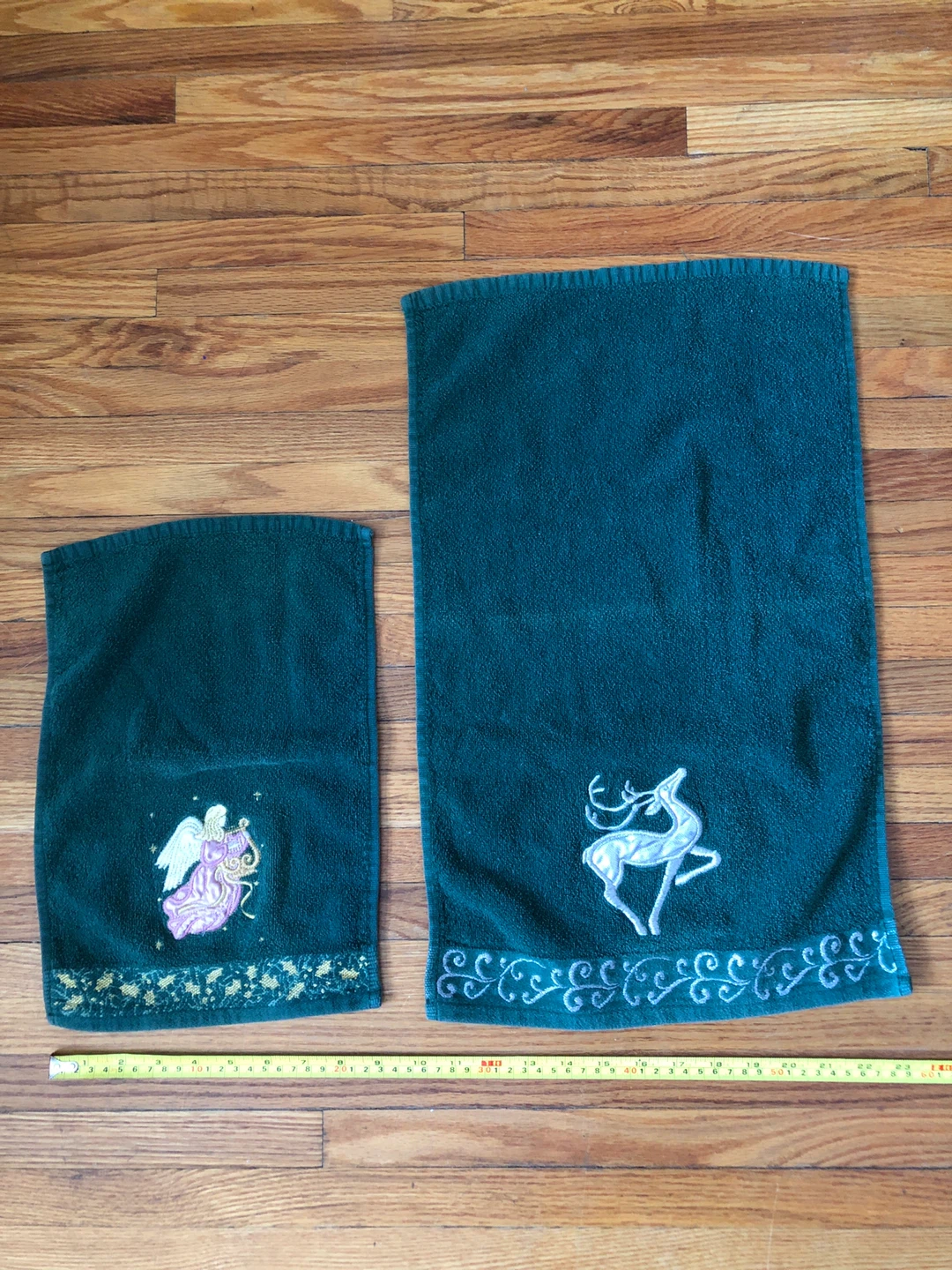 Set of 2 Green Holiday Embroidered Towels - Angel & Deer