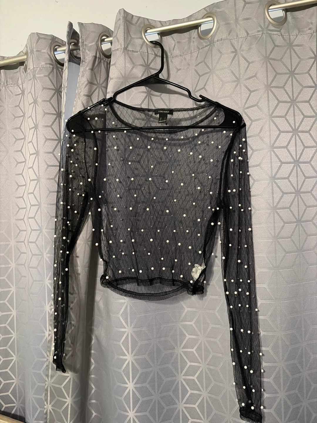 Forever 21 Black Mesh Pearl Long Sleeve Top