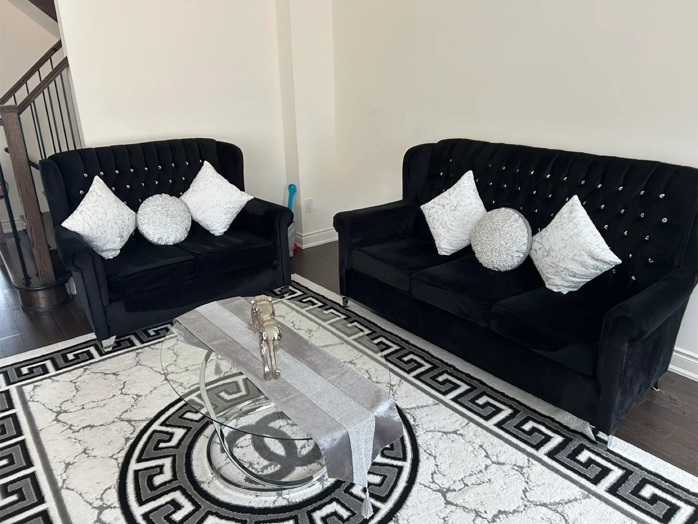Black Velvet Tufted Loveseat and Sofa