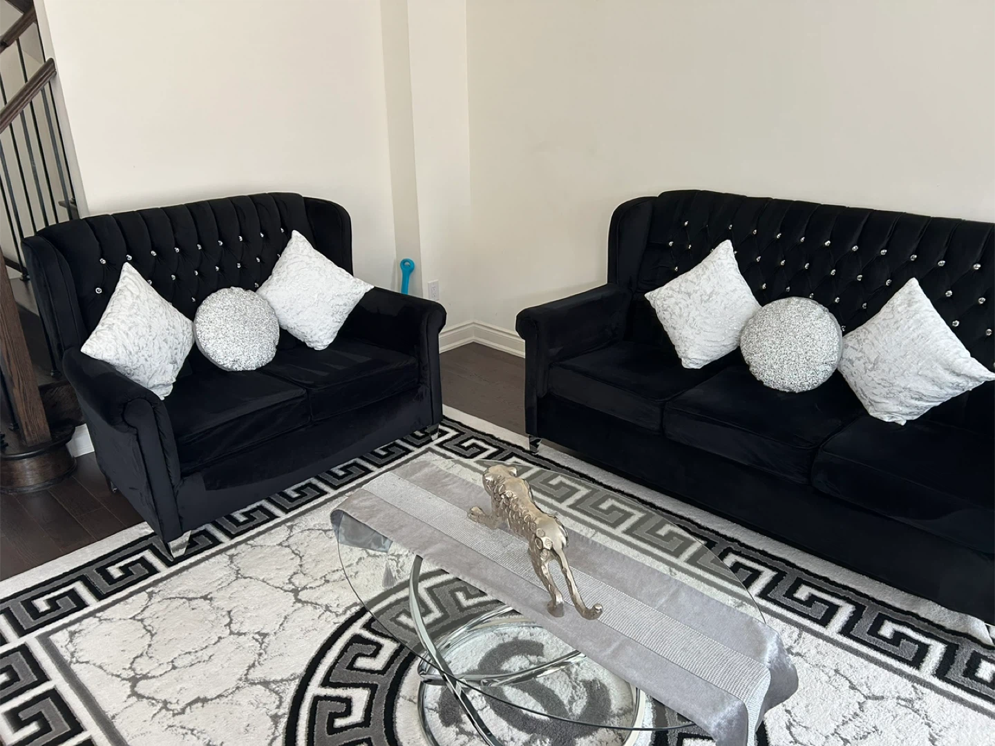 Black Velvet Tufted Loveseat and Sofa - photo 2