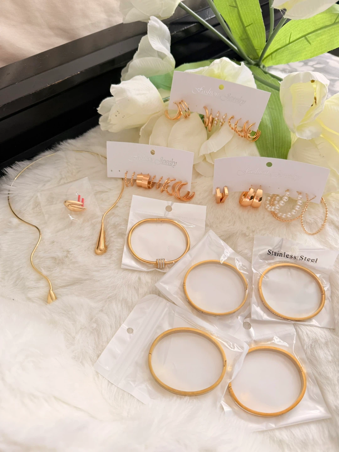 Fashion Jewelry Set - Gold Tone Bracelets & Earrings