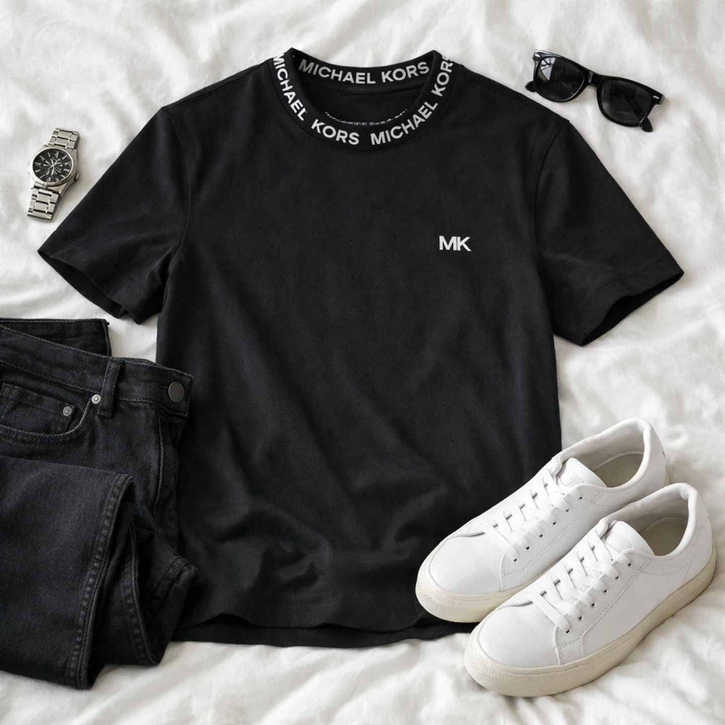 Michael Kors Logo Collar Black T-Shirt Size M Designer