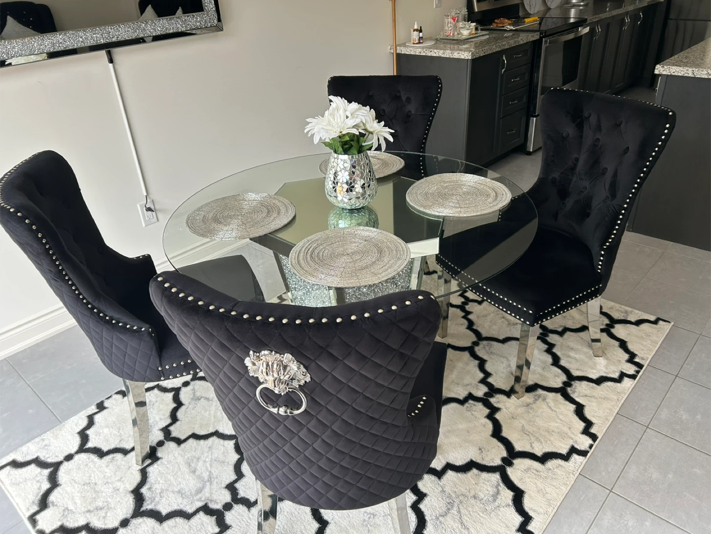 Black Velvet Dining Chairs with Lion Knocker (Set of 4)