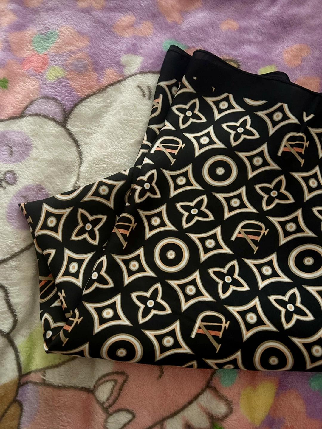 BLACK SILK FLORAL GEOMETRIC MONOGRAM SCARF