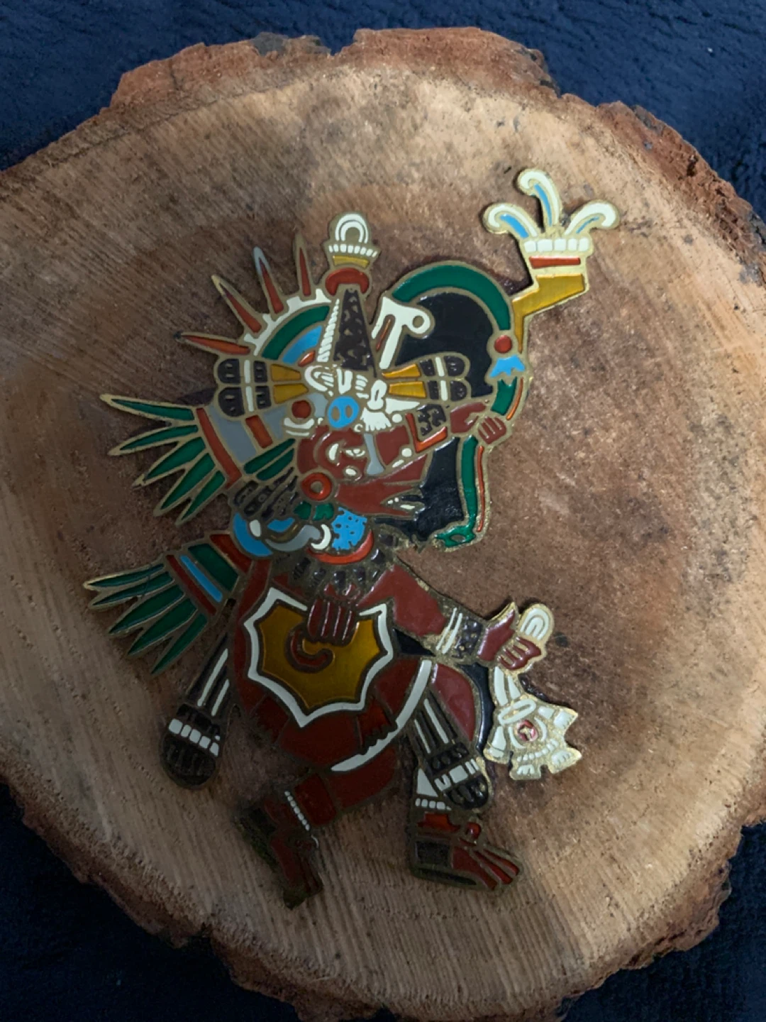 Aztec Quetzalcoatl Metal Pin In A Wood Mexican Art