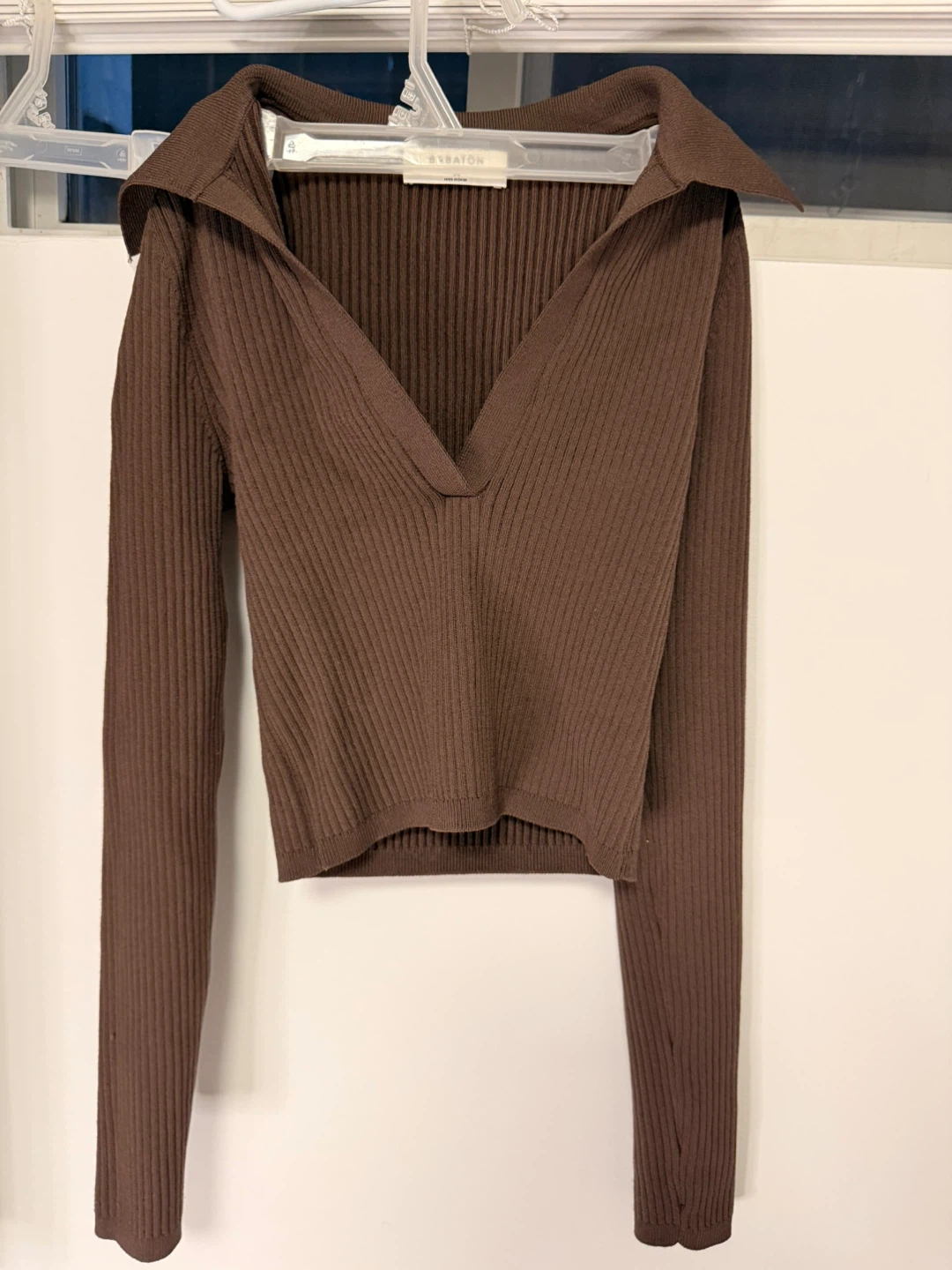 Brown Ribbed Collared Long Sleeve Top - photo 2