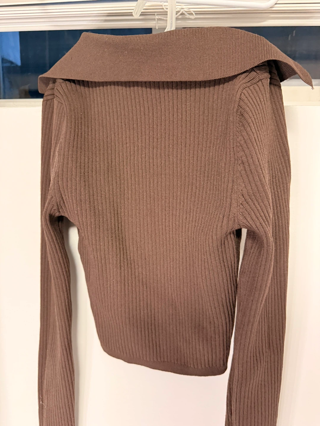 Brown Ribbed Collared Long Sleeve Top