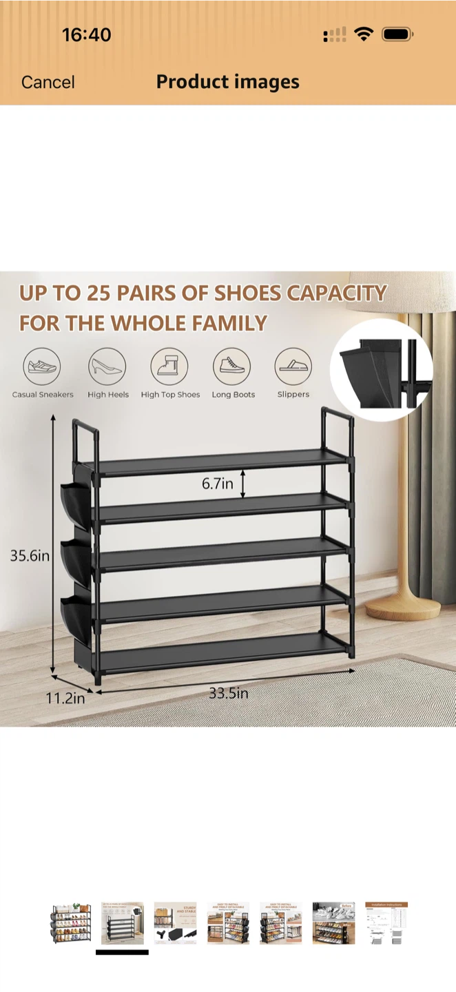 Black 5-Tier Shoe Rack with Side Pockets - photo 3