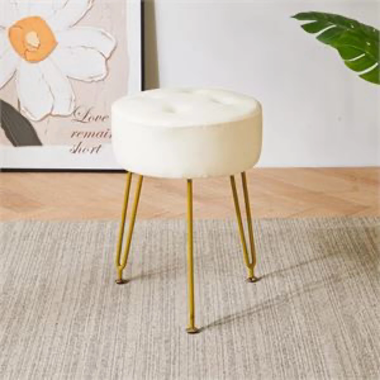 White Round Ottoman Stool with Gold Legs - photo 2