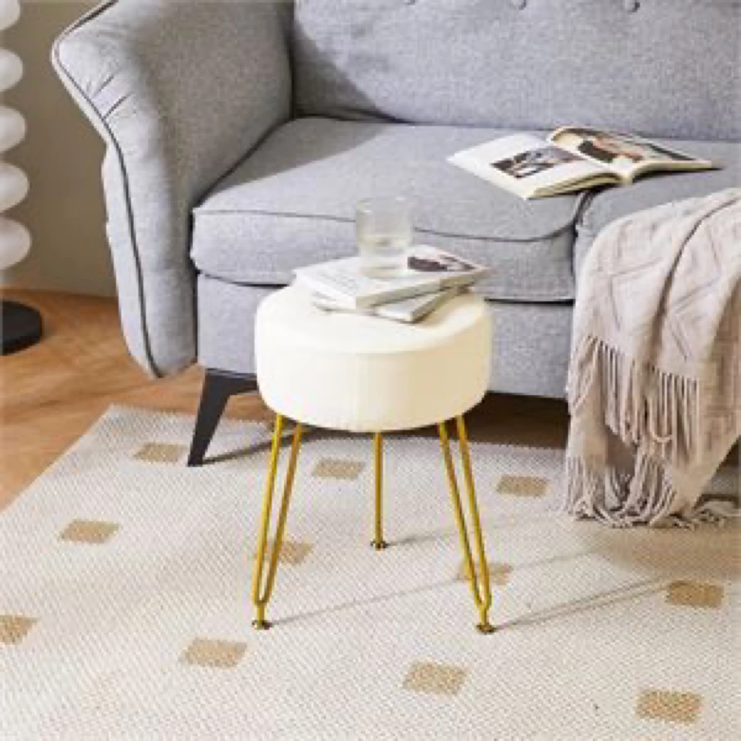 White Round Ottoman Stool with Gold Legs - photo 4