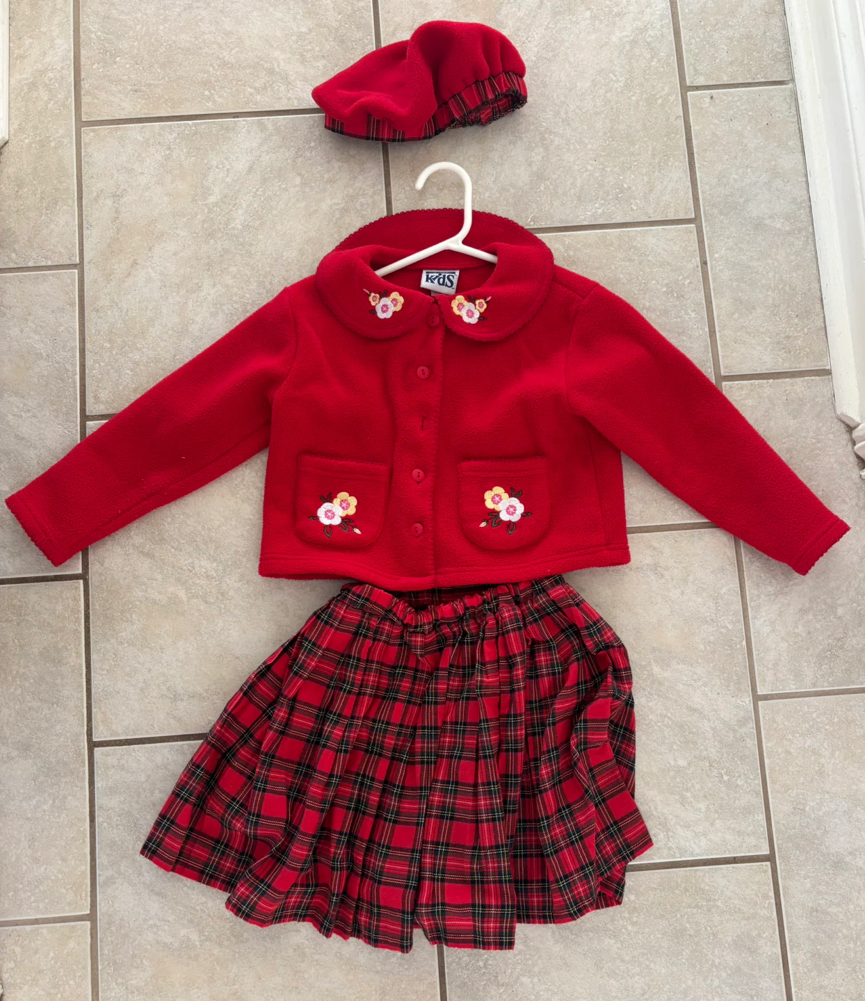 Kids Red Fleece Jacket & Plaid Skirt Set with Beret