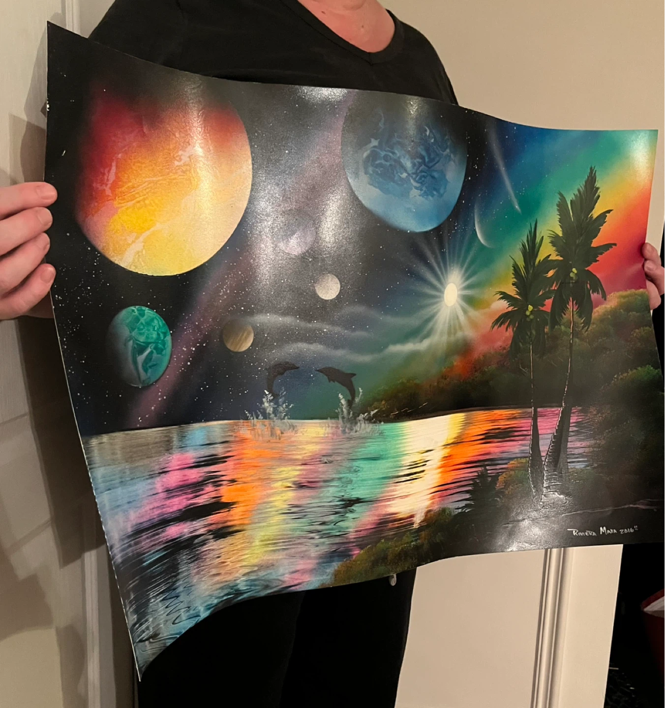 Original Spray Paint Art - Space Dolphins Paradise Landscape