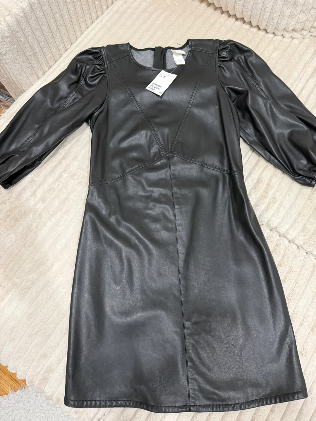 H&M Black Faux Leather Puff Sleeve Dress