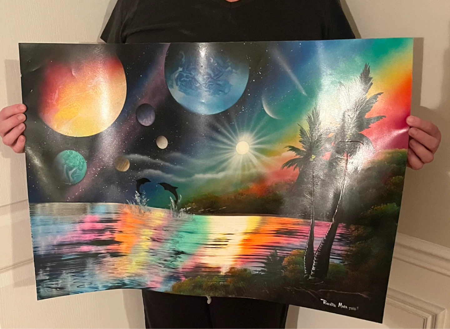Original Spray Paint Art - Space Dolphins Paradise Landscape - photo 3