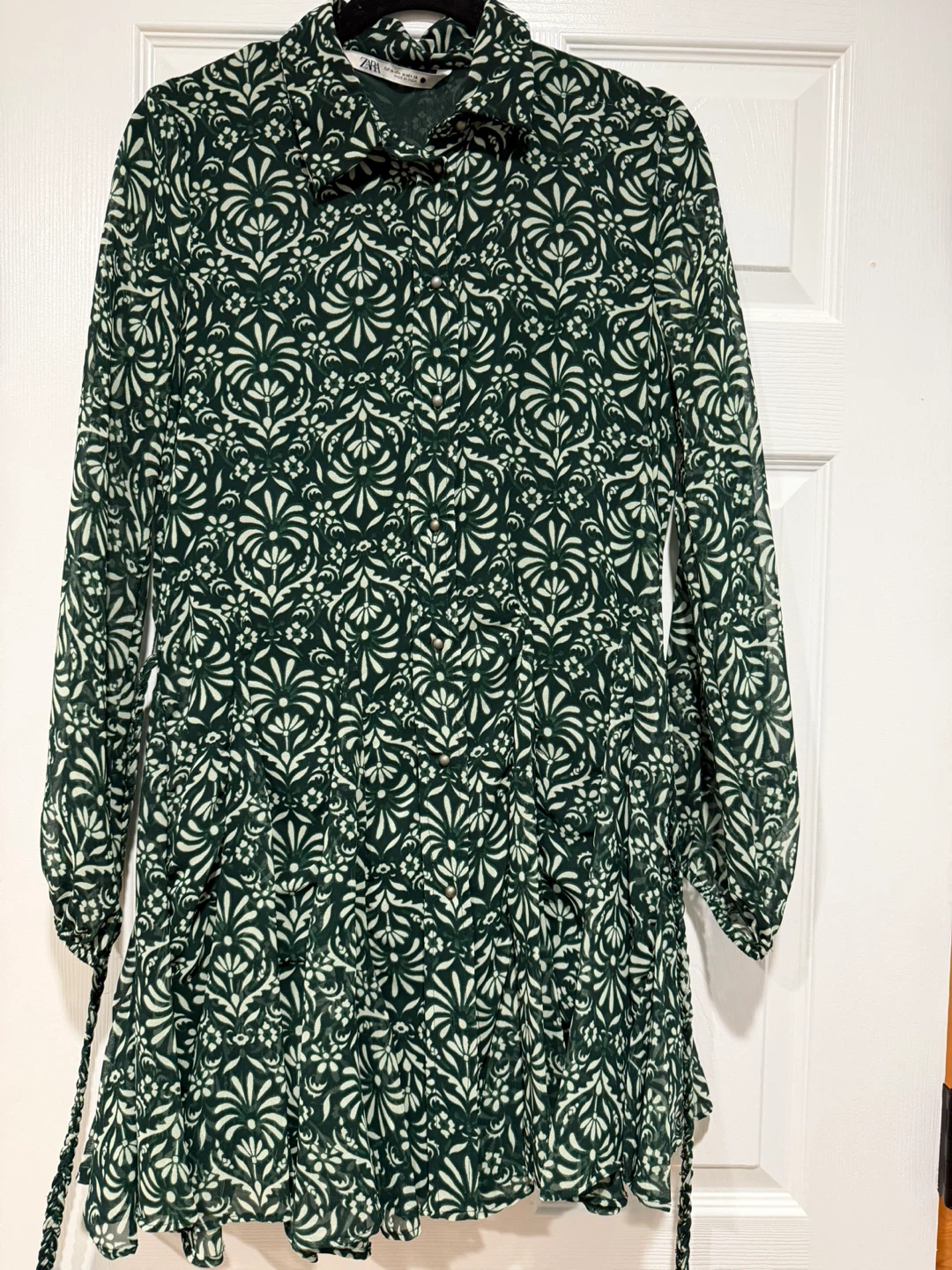 Zara Women's Green Floral Print Long Sleeve Belted Dress Size M