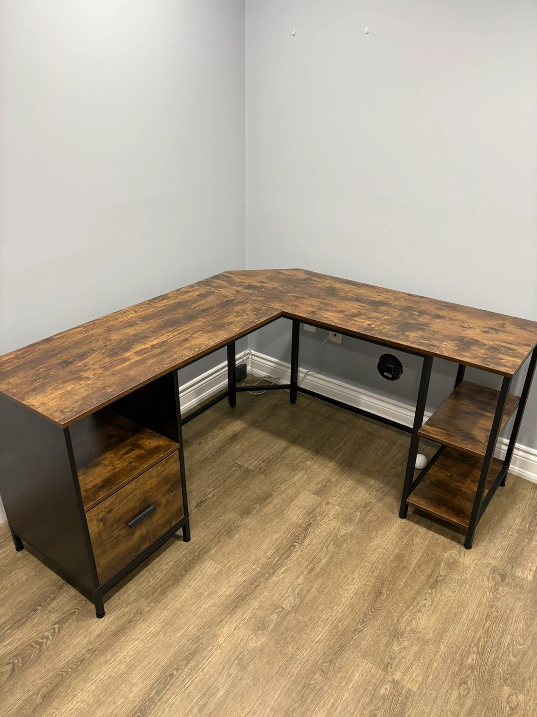 L-Shaped Desk with Drawer and Shelves