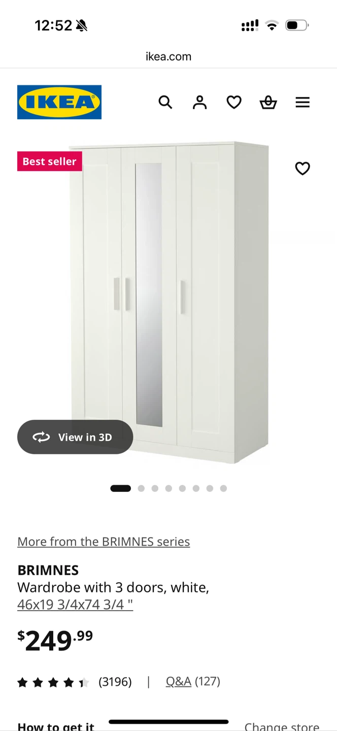 IKEA BRIMNES White 3-Door Wardrobe with Mirror
