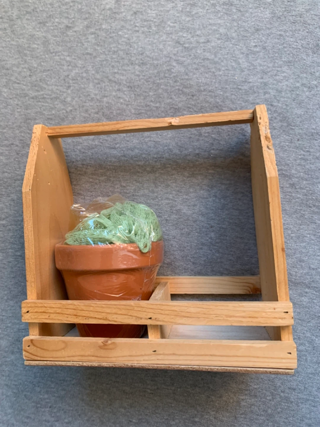 Basic Wooden Caddy with Bath items and Small Plant Holder
