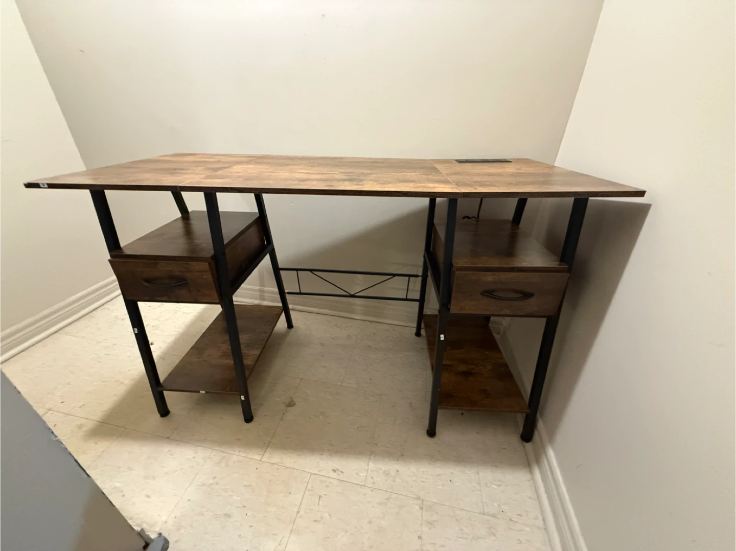 Rustic Wood Grain Desk with Built-in Power Outlet