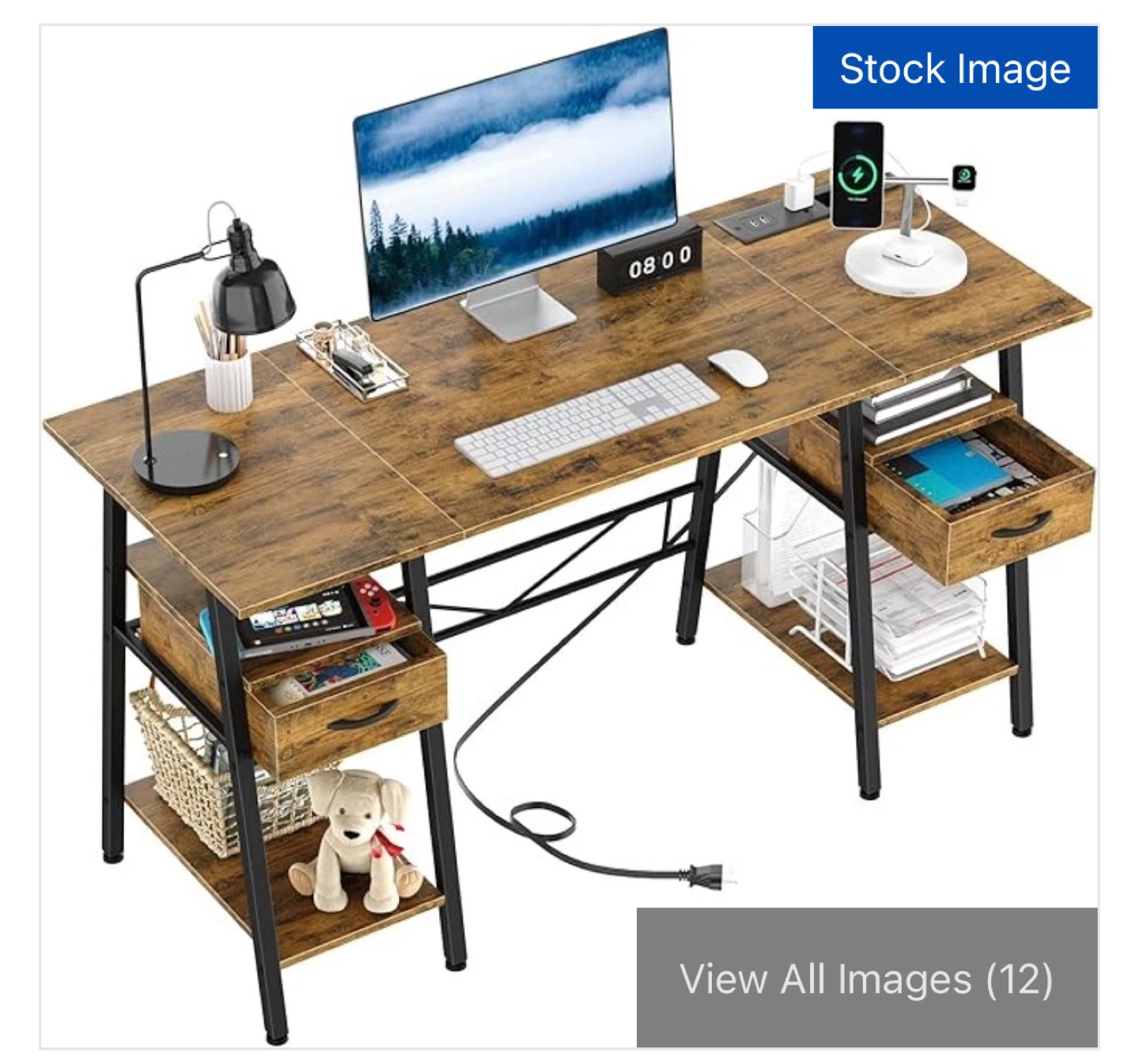 Rustic Wood Grain Desk with Built-in Power Outlet - photo 2