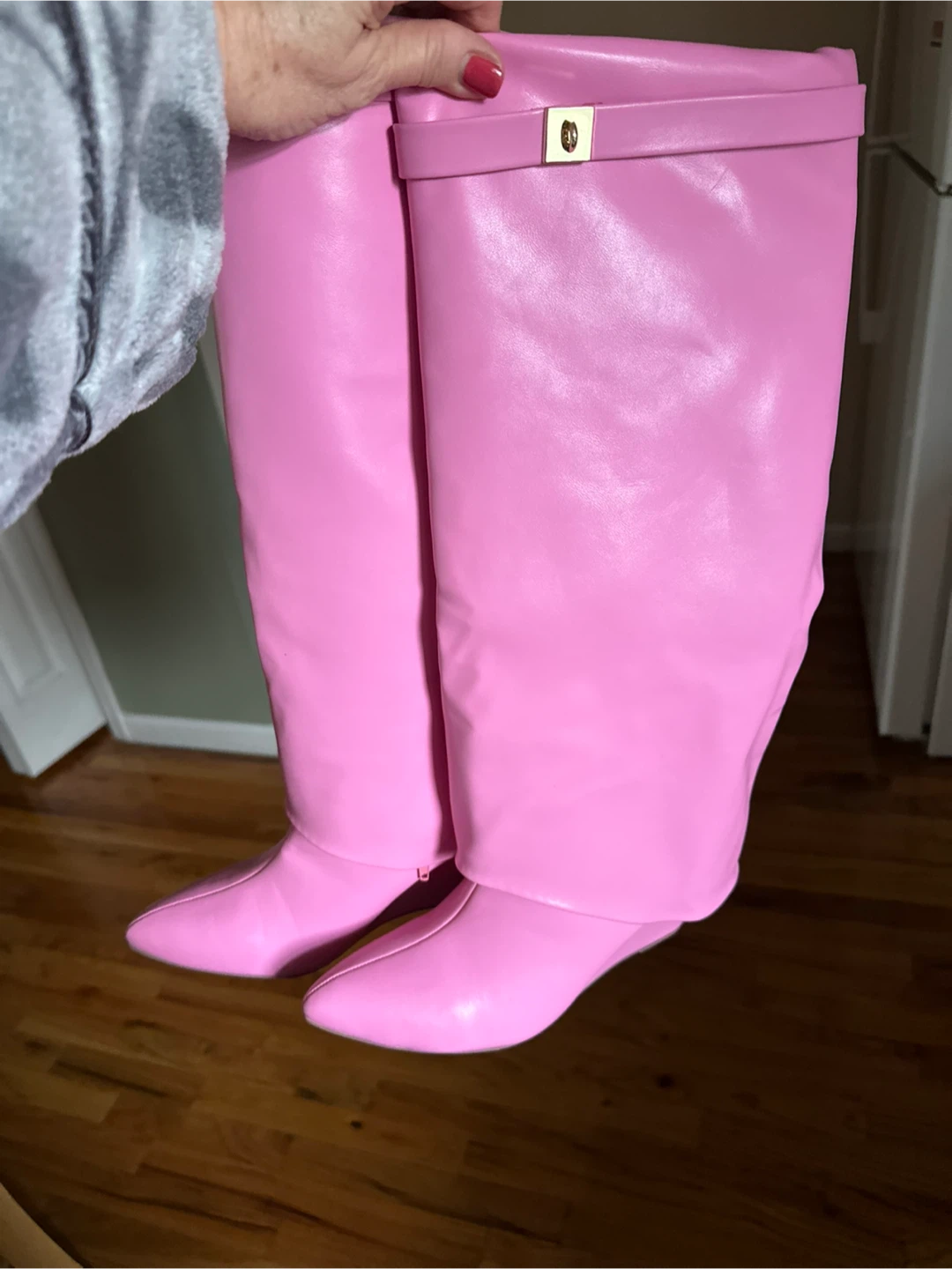 Pink Faux Leather Knee-High Boots