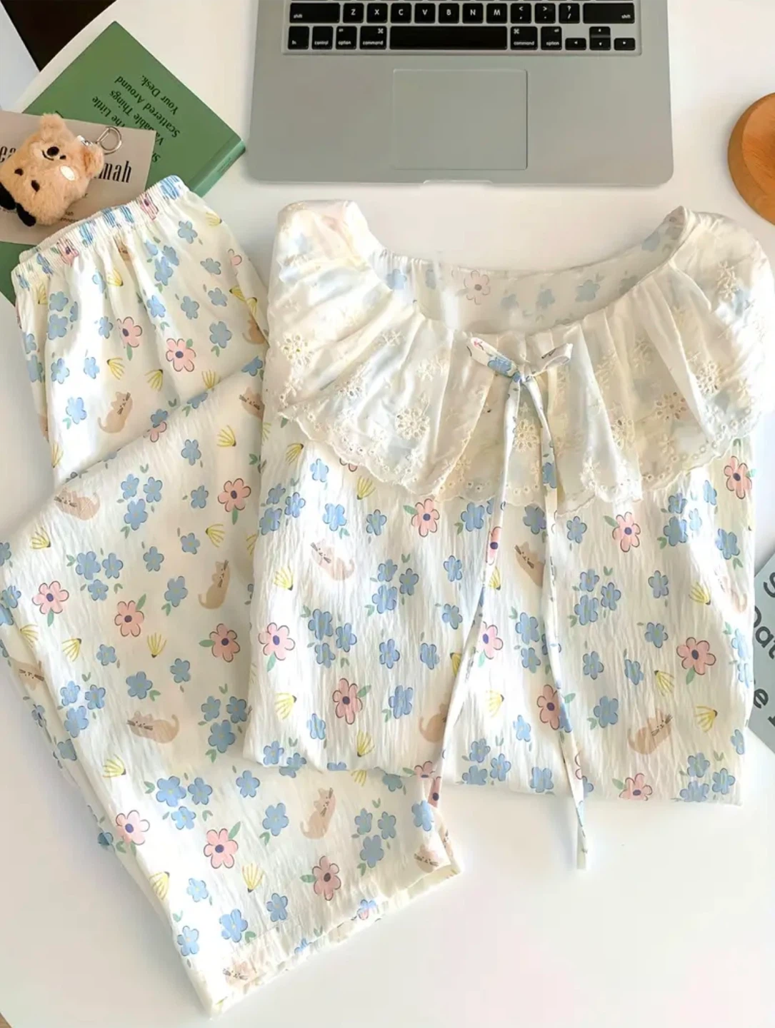 Cute Cat and Flower Print Pajama Set