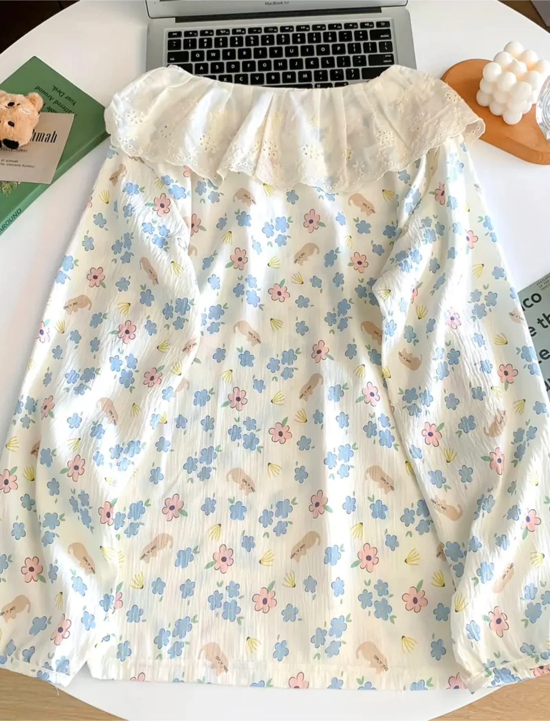 Cute Cat and Flower Print Pajama Set - photo 2