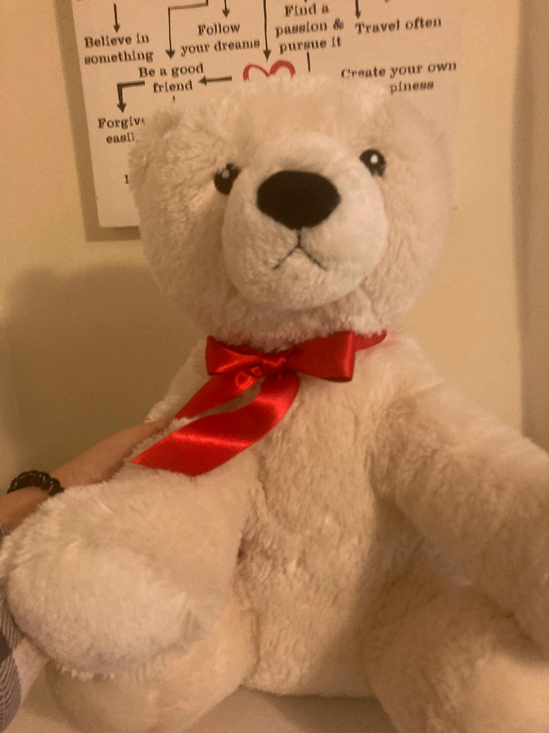 Cream Teddy Bear with Red Bow