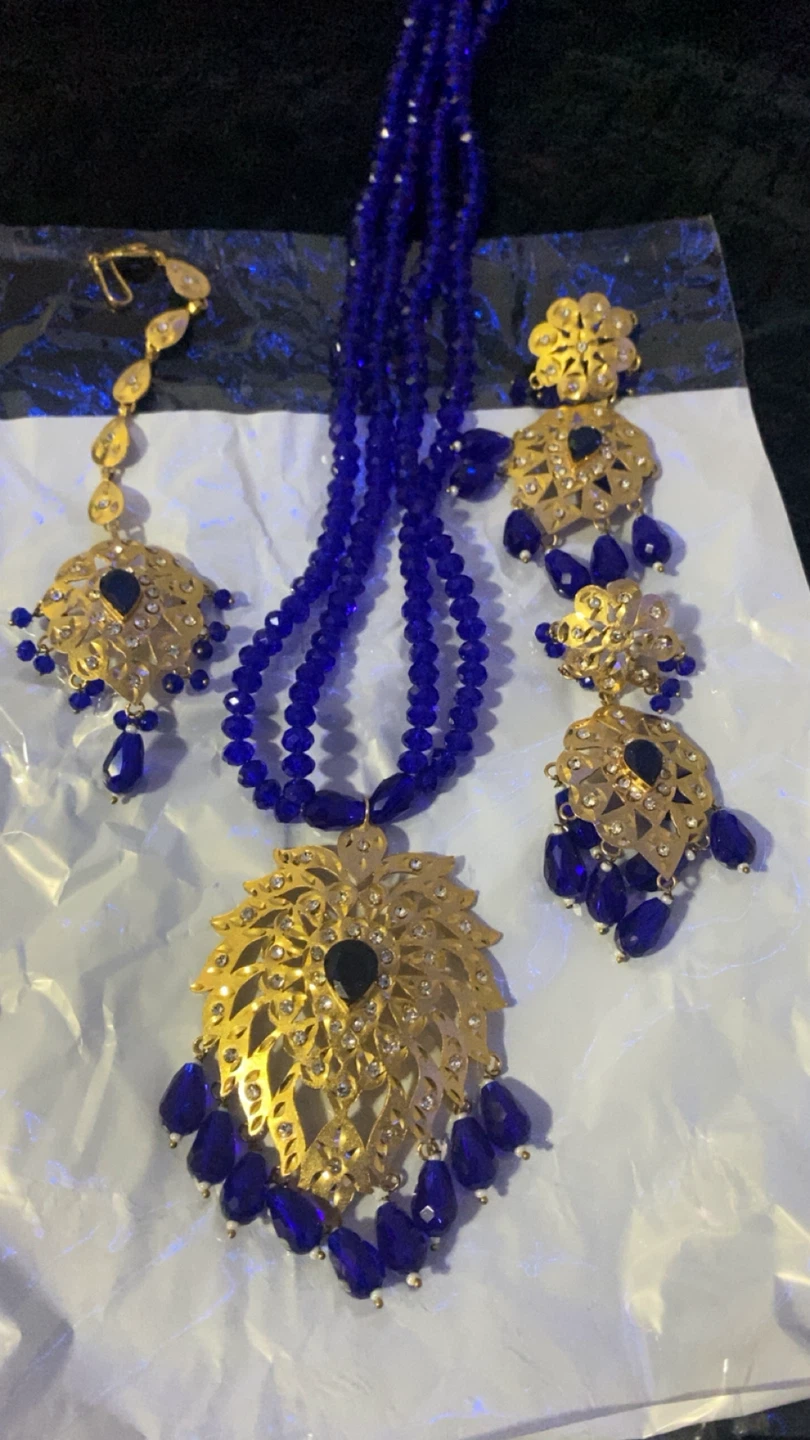 Gold Tone Necklace and Earrings Set with Blue Beads