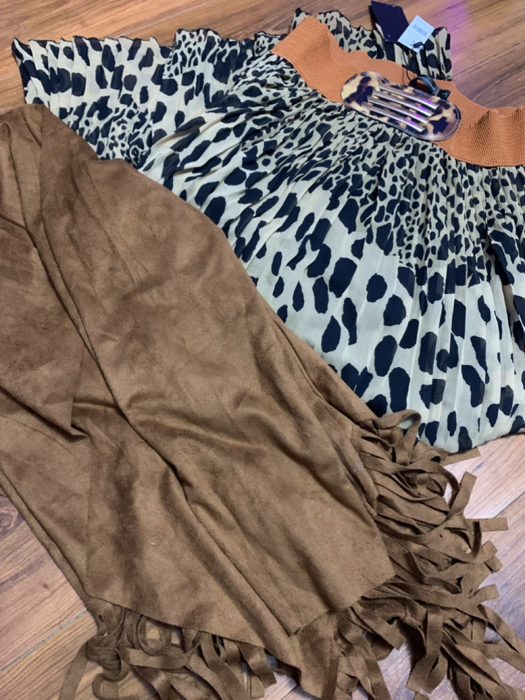 SHEIN Faux Suede Fringe Jacket and Leopard Print Pleated Skirt