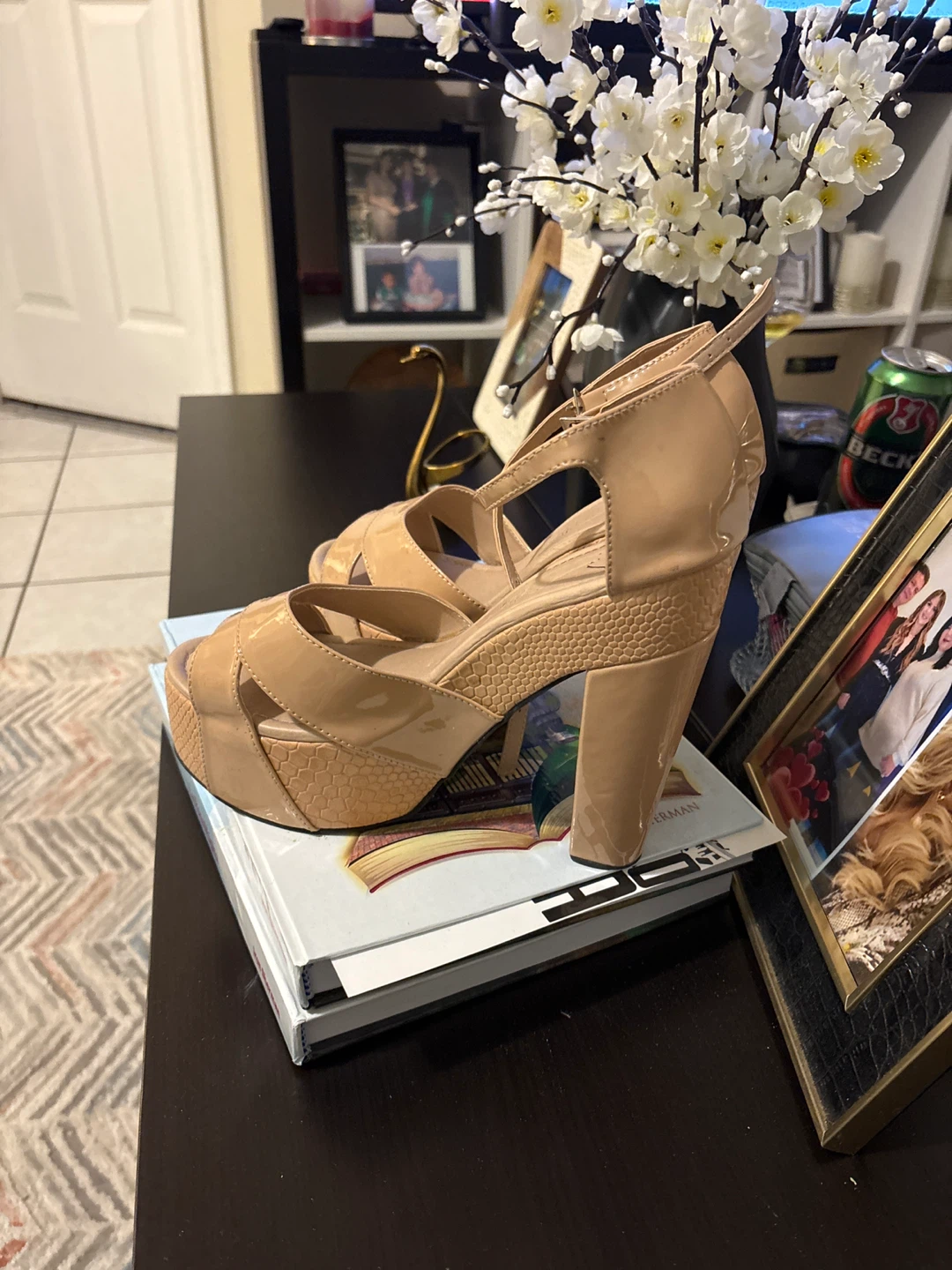 Womens Tan Patent Leather Platform Wedge Heels