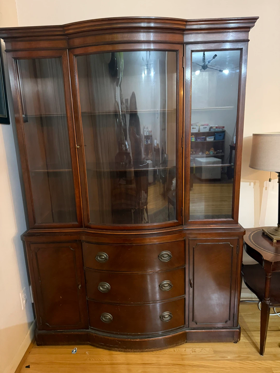 Vintage Curio Cabinet with Glass Doors and Drawers
