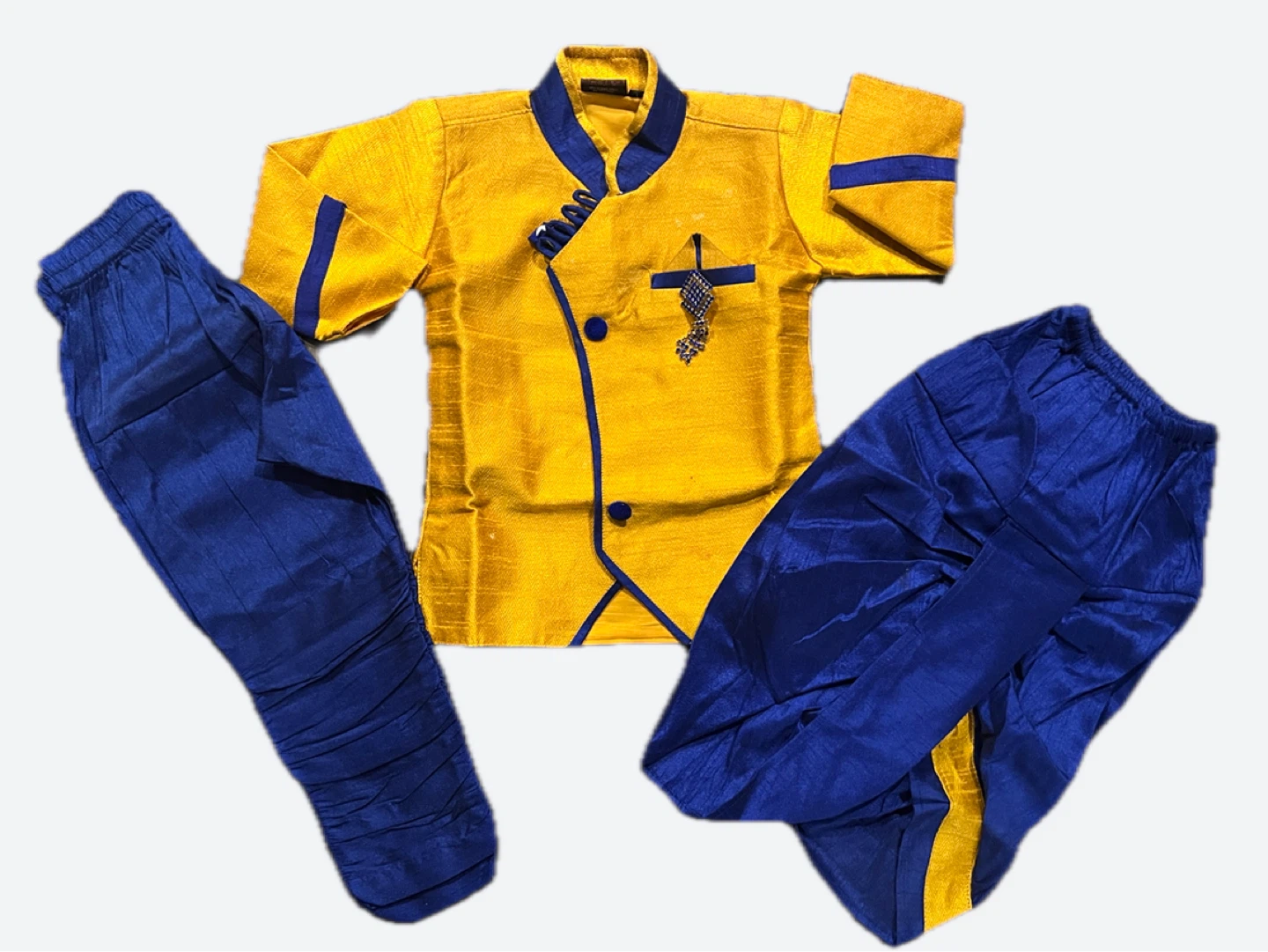 Yellow and Blue Silk Blend Dhoti Kurta Set for Boys