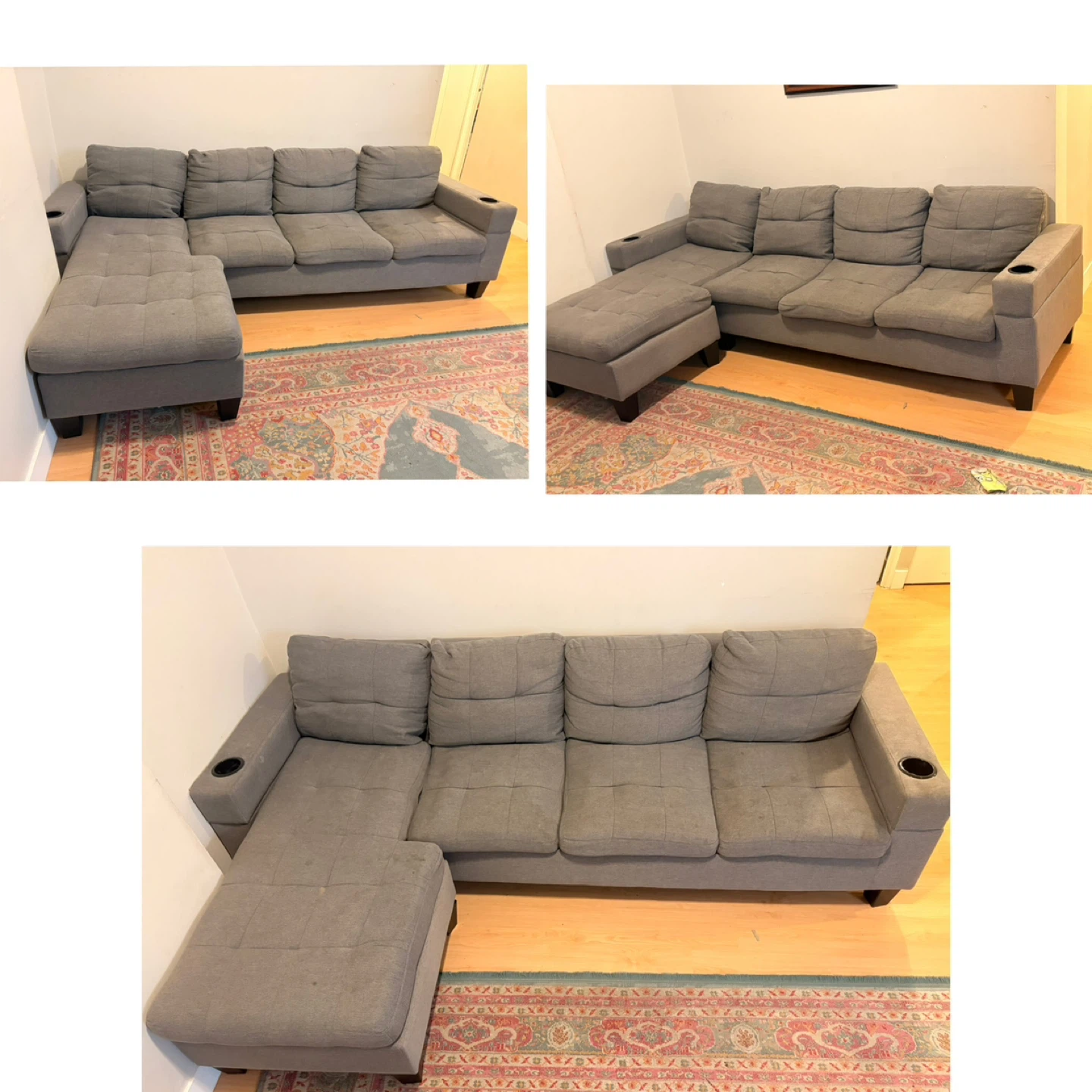 Grey Sectional Sofa with Chaise and Cup Holders