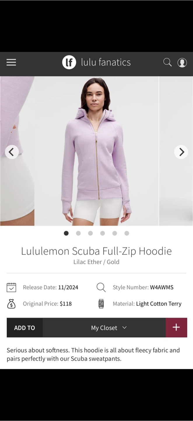 Lululemon Scuba Full-Zip Hoodie Lilac Ether/Gold Size 8 - photo 4