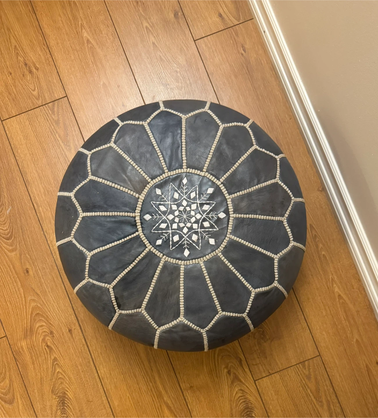Pick up by March 31st! Blue Leather Pouf Ottoman