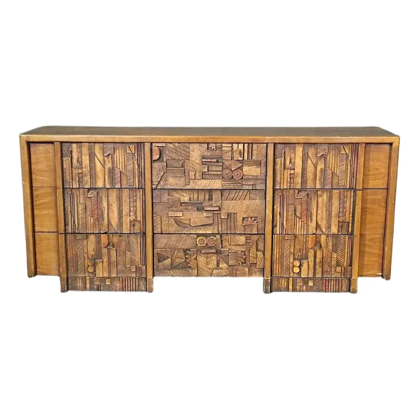 Mid-Century Brutalist Wood Dresser with Carved Front
